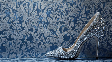 A stunning silver high heel shoe adorned with sparkling details rests against intricate blue wallpaper, embodying elegance and luxury in fashion design.の素材