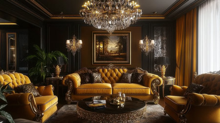 This luxurious living room features elegant furniture, a stunning crystal chandelier, and rich gold tones, creating a warm and inviting atmosphere.の素材
