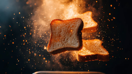 Experience the art of cooking with airborne slices of toast surrounded by dust particles. Perfect for showcasing culinary creativity and breakfast delights.の素材