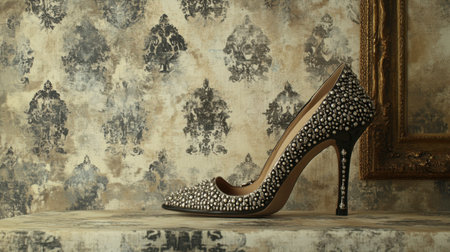 A sophisticated black high heel shoe adorned with sparkling details, elegantly placed against an ornate background, showcasing stylish design and luxury.の素材
