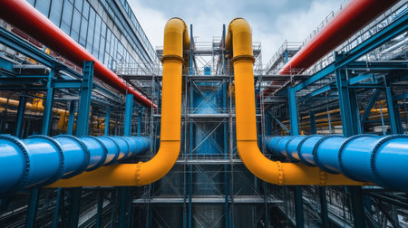 A vibrant industrial pipeline system showcasing blue, yellow, and red pipes. This detailed composition highlights modern engineering and design within a factory environment.の素材