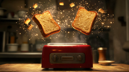 A captivating scene featuring toast floating above a classic red toaster, surrounded by magical sparks. Perfect for showcasing breakfast themes, culinary creativity, and kitchen appliances.の素材