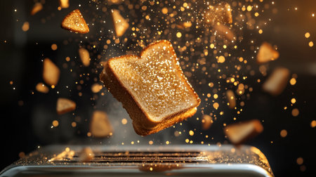 A golden slice of toast floats above a toaster, creating a dynamic and magical scene. Sparkles and crumbs enhance the whimsical atmosphere of breakfast delight.の素材