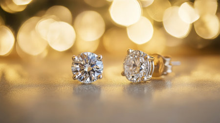 Captivating closeup of elegant diamond stud earrings against a soft bokeh background, highlighting the exquisite craftsmanship and sparkling beauty ideal for fashion and jewelry enthusiasts.の素材