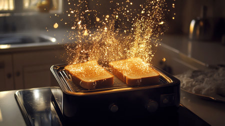 A dramatic scene of bread toasting with shimmering sparks in a cozy kitchen. Capture the lively energy of cooking and the magic of transformation.の素材