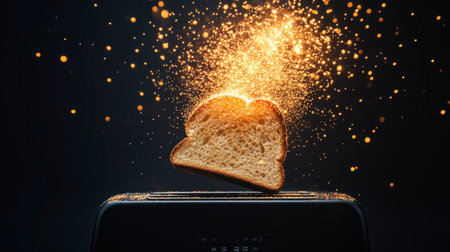 A stunning image of a piece of toast being lifted from a toaster, sprinkled with golden sprinkles that create a magical explosion effect, perfect for food enthusiasts and kitchen inspiration.の素材