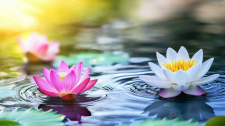 Two beautiful lotus flowers, one pink and one white, float gracefully on the calm water surface, surrounded by green leaves. The sunlight reflects softly, creating a serene and tranquil atmosphere perfect for relaxation.の素材