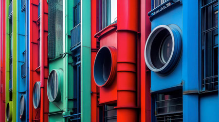A vibrant and colorful facade of a modern architectural building, showcasing unique design elements, circular windows, and prominent pipes against an urban backdrop.の素材