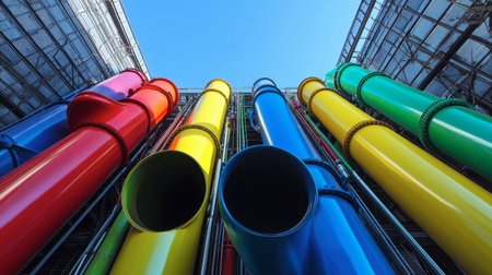 A dynamic display of vividly colored pipes arranged in an urban setting, reaching towards a clear blue sky. This image captures the essence of modern architecture and industrial design.の素材
