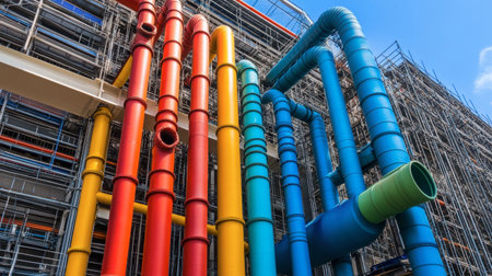 Vibrant and colorful pipes contrast beautifully with a modern industrial structure. This image showcases a striking design in an urban construction environment.の素材