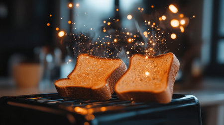Two slices of bread toast in a sleek modern kitchen, releasing sparkling effects. The warm, golden color and cozy atmosphere evoke breakfast moments. Perfect for culinary themes.の素材