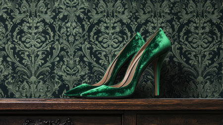 This image features elegant green velvet high heels displayed on a rich wooden surface against a dark vintage background. Ideal for fashion and lifestyle themes.の素材