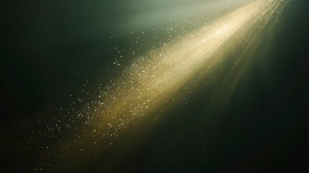 Beautiful ethereal light rays illuminate the dark background, creating a mesmerizing effect with sparkling particles. Ideal for artistic and serene themes.の素材