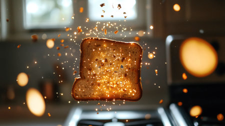 A captivating image of a slice of toast floating amidst sparkling crumbs. This scene captures the essence of breakfast magic in a bright kitchen.の素材