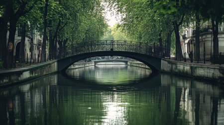 A peaceful urban canal scene showcasing a tranquil bridge surrounded by lush greenery, perfect for relaxation and nature photography.の素材