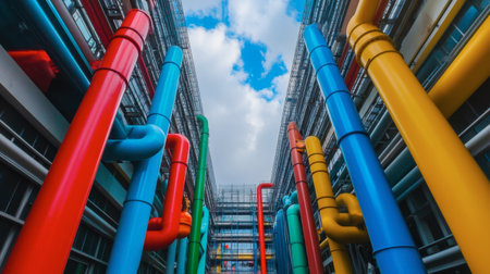 A striking view of colorful industrial pipes interwoven with modern architecture, showcasing vibrant hues against a clear blue sky. This scene highlights urban engineering and contemporary design in an innovative setting.の素材