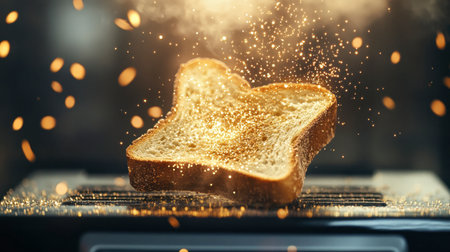 A slice of bread toasting in a modern appliance, illuminated by glowing sparks. The crispy texture and golden hue create an inviting atmosphere, perfect for breakfast.の素材