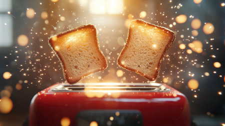A stunning image of two slices of toast emerging from a bright red toaster, surrounded by sparkling light effects. Perfect for breakfast themes and kitchen decor.の素材