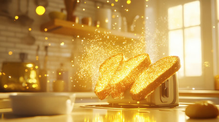 A stunning visual of golden toast rising from a toaster, illuminated by sparkling light effects. This image captures the warmth and joy of breakfast preparation in a cozy kitchen setting.の素材