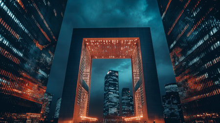 Captivating urban skyline featuring modern architecture under twilight, showcasing reflective skyscrapers and vibrant city lights for stunning visuals.の素材