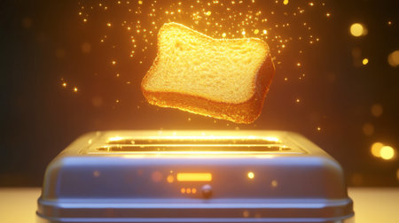 A golden slice of toast hovers above a sleek stainless steel toaster, glowing with warmth and culinary potential, showcasing a moment of delicious anticipation.の素材
