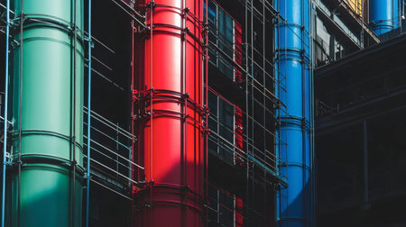 Vibrant industrial building facade showcasing red, green, and blue pipes, displaying modern architectural design. A striking image for urban aesthetics.の素材