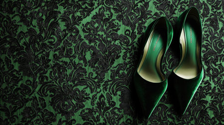 A pair of elegant green high heels placed on a rich green decorative background. This stylish composition highlights the beauty of luxury footwear.の素材