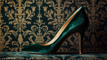 A stunning green high heel shoe showcased against a vintage patterned background, highlighting elegance and style. Perfect for fashion and design themes.の素材