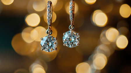 A pair of exquisite diamond earrings hang delicately against a soft bokeh backdrop, showcasing their brilliance and elegant design. Ideal for luxury occasions.の素材