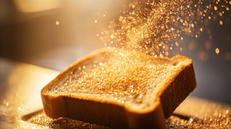 A beautifully lit slice of toast sparkles with golden dust, creating a magical atmosphere. This image captures warmth and culinary delight, perfect for food-related content.の素材