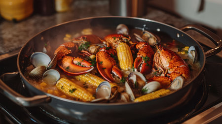 A colorful seafood boil featuring lobster, clams, and corn in a large pot. The dish simmers, releasing enticing aromas that entice food lovers.の素材