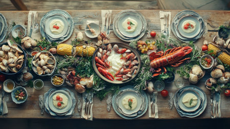Experience a vibrant seafood feast featuring fresh lobster and shellfish on a rustic wooden table. This elegant arrangement showcases seasonal ingredients for a delightful culinary experience.の素材