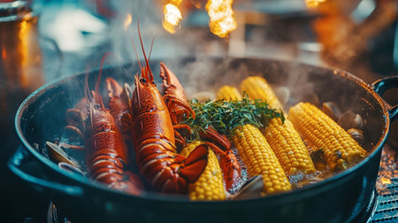 A captivating display of a lobster and corn boil, featuring fresh ingredients, steam rising, and vibrant colors, perfect for summer gatherings and culinary delights.の素材