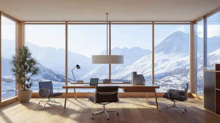 A modern office interior featuring a spacious desk, stylish chairs, and large windows showcasing a breathtaking mountain view. Natural light floods the space, enhancing productivity.の素材