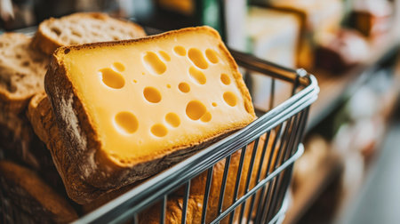 A vibrant block of yellow cheese with characteristic holes sits in a shopping basket. This image captures the essence of fresh dairy products in a grocery setting.の素材