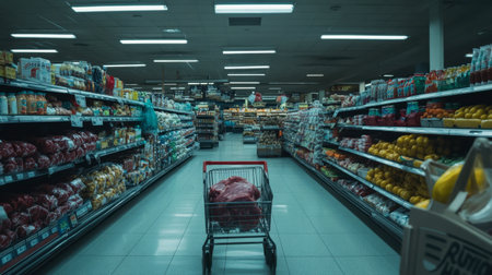 A vivid perspective of a supermarket aisle showcasing a grocery cart surrounded by a diverse array of products. Perfect for themes related to shopping and consumer choices.の素材