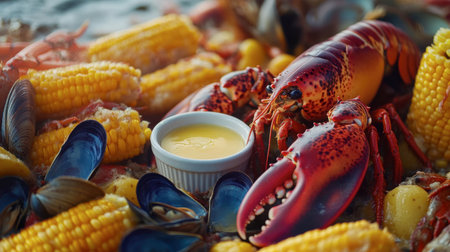 A vibrant close-up of fresh lobster accompanied by sweet corn and mussels, showcasing a mouthwatering seafood feast perfect for summer gatherings.の素材