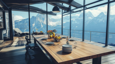 Bright and inviting dining room featuring a large wooden table, beautifully set with fresh fruit, offering breathtaking mountain views through expansive glass windows.の素材