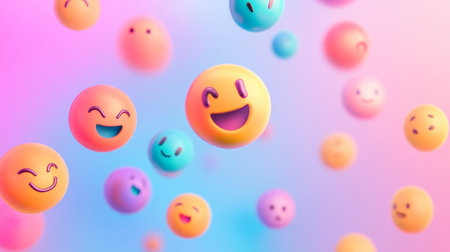 A vibrant collection of colorful floating emojis, featuring various expressions, set against a soft pink and blue background that evokes feelings of joy and positivity.の素材