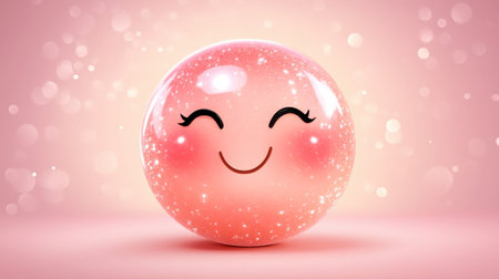 This charming pink bubble character features a wide smile and sparkling cheeks. Perfect for illustrations or projects needing a whimsical, joyful touch.の素材