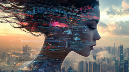 A captivating silhouette of a young woman against a vibrant cityscape. The artwork blends digital elements and abstract motion to convey innovation and transformation.の素材