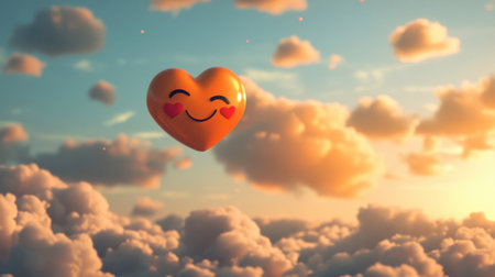A whimsical heart with a cheerful smile floats above fluffy clouds, capturing the essence of love and joy in a dreamy sky filled with warmth and happiness.の素材