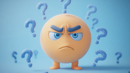 A cartoon emoji character with a frowning expression stands surrounded by question marks, symbolizing confusion and doubt. This playful 3D design is perfect for illustrating uncertainty.の素材