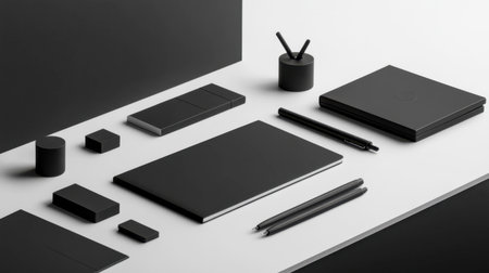 A stylish collection of minimalist black office supplies arranged on a smooth desk surface. Ideal for modern workspace aesthetics and design inspiration.の素材