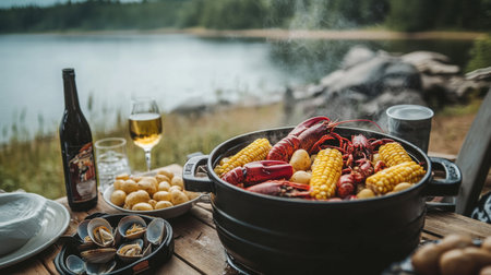 A vibrant seafood boil featuring fresh lobster, corn, and potatoes on a rustic table by the lake, capturing the essence of summer dining in nature.の素材