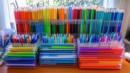 A vibrant display of assorted writing utensils, featuring pens and markers arranged neatly in various colors on a wooden desk, perfect for creative projects.の素材