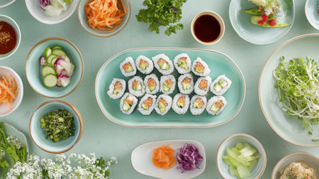 A beautifully arranged sushi platter showcasing fresh sushi rolls with vibrant vegetables and condiments, perfect for culinary lovers and gatherings.の素材
