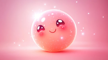 This charming pink bubble character features a smiling face and twinkling sparkles, radiating joy and playfulness. Perfect for fun and whimsical designs.の素材