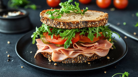 A vibrant sandwich featuring layers of ham, fresh arugula, and ripe tomatoes on wholesome whole grain bread, ideal for a nutritious lunch or snack.の素材