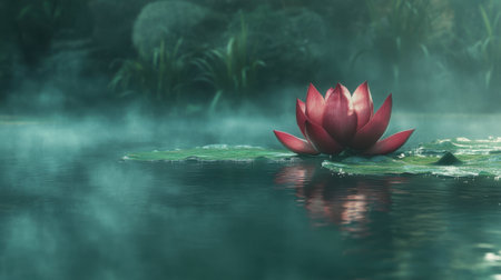 A stunning close view of a vibrant water lily blooming amidst a serene, misty pond. The tranquil scene captures nature's beauty and peaceful ambiance.の素材